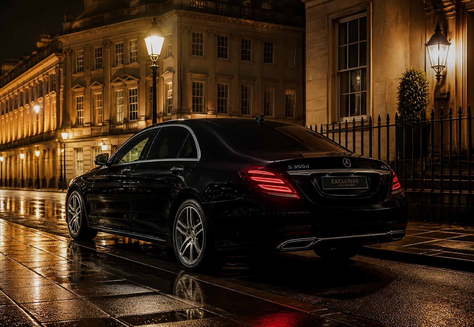 Black executive saloon waiting on a lamplit Georgian street in Bath